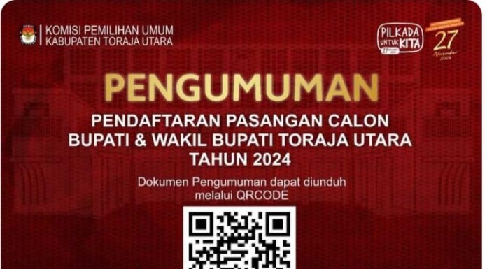 KPU Toraja Utara Umumkan Pendaftaran Paslon Bupati dan Wakil Bupati Toraja Utara Tahun 2024